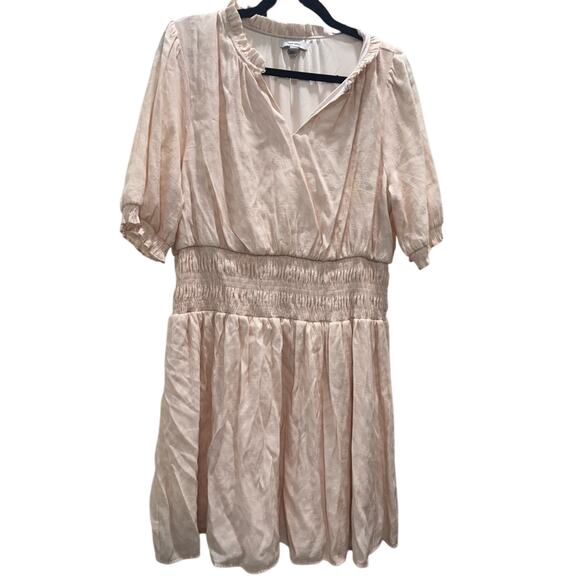 Nine West Smocked Pink Delicate Patterned Puff Sleeve Peasant Mini Dress - Good - Picture 1 of 9
